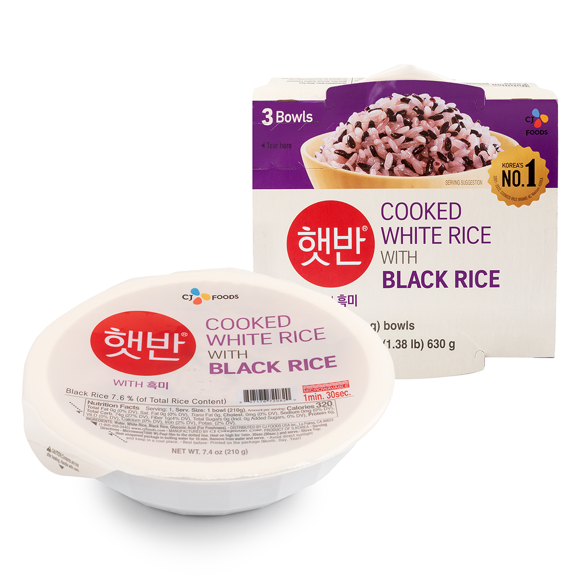 CJ Hetbahn Cooked Rice with Black Rice 3Bowls, 22.2oz (630g)