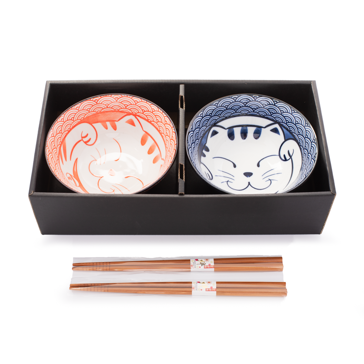 Japanese style cat bowl red and blue set with chopsticks 20OZ