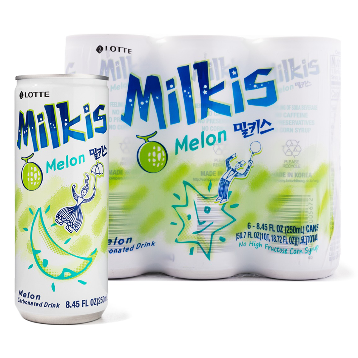 LOTTE Milkis Melon Flavored Carbonated Drink 6Cans- 1 case