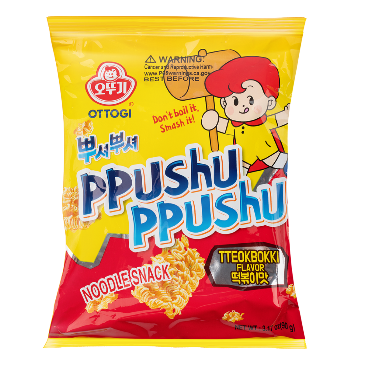 Ottogi Ppushu Ppushu Noodle Snack, Spicy Rice Cake Flavor, 1 piece (90)